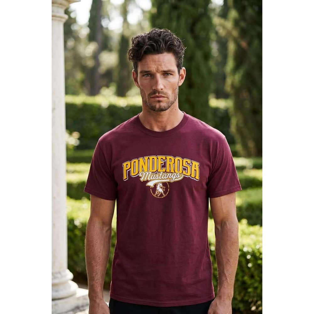 Fruit of the Loom Ponderosa Mustangs Graphic T-Shirt Mens 2XL Maroon HD Cotton